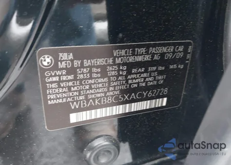 2010 BMW 750Li z USA, uszkodzony, nr VIN WBAKB8C5XACY62728